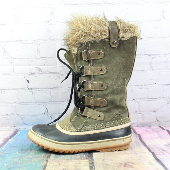 Sorel Shoes - Sorel Joan of Arctic Green Suede Faux Fur Waterproof Winter Boots Size 7
